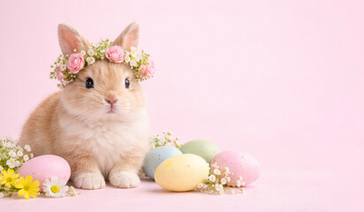 Fototapeta premium Easter bunny wearing a flower crown with eggs on a pink background. Spring holiday concept.