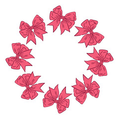 Obraz premium Coquette girly border. Round frame of pink bows. Flat illustration for cards, invitations, holiday templates and text.