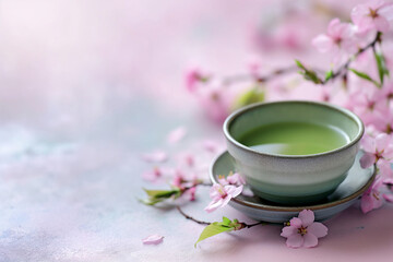 Green Tea in a Ceramic Cup with Cherry Blossoms in Spring