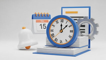 Roman clock on stack of books with calendar and bell in soft gray background for time management