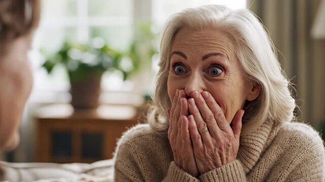Older woman reacting with surprise and shock during a conversation. Mature female expressing disbelief with wide eyes and hands covering her mouth. Emotional reaction concept