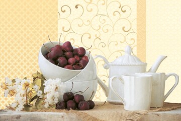 Perfect for kitchen wall stone slab design with  white crockery. Mockup. 3D Illustrations. 3D Rendering