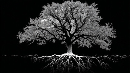 A detailed illustration of a tree with exposed roots and branches against a black background