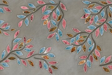 Warm grey quartz slab design with understated veining and colorful leaf pattern. 3D Rendering. Mockup. 3D Illustrations