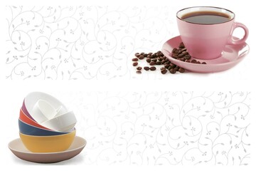 White glossy calacatta marble surface design showcasing flowing vein with coffee mug and saucer. 3D Rendering. Mockup. 3D Illustrations