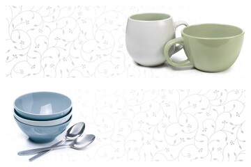 Lavish tile slab artwork blending soft marble movement with polished surface appeal for decor use, three colored mugs to bowls. Mockup. 3D Illustrations. 3D Rendering