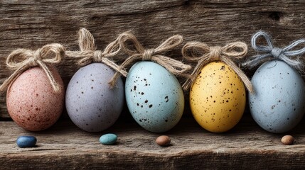Colorful easter eggs arranged on rustic wooden background with vintage tones, spring holiday decoration and festive seasonal celebration concept