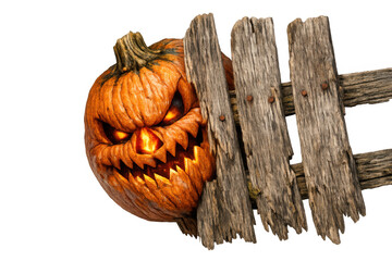Scary carved pumpkin peeking over weathered wooden planks, creating an eerie halloween atmosphere with its menacing glow