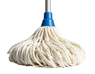 White cotton string mop head with blue plastic collar on silver pole
