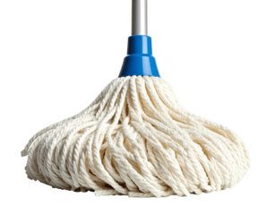 White cotton string mop head with blue plastic collar on silver pole