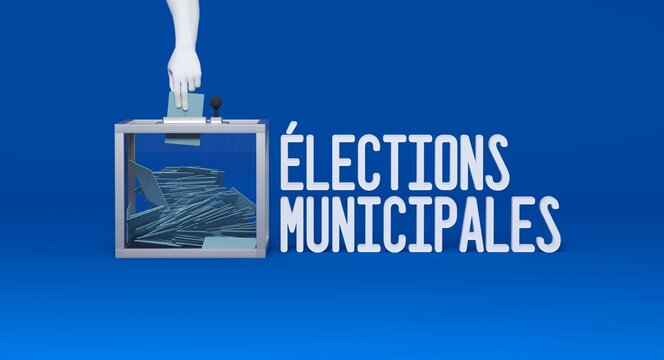 &eacute;lections municipale en France, urne de vote et bulletins - rendu 3D