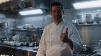 The Chef's Approval: A chef, beaming with pride, gives a thumbs-up in a commercial kitchen filled with culinary equipment, showcasing expertise and culinary mastery.