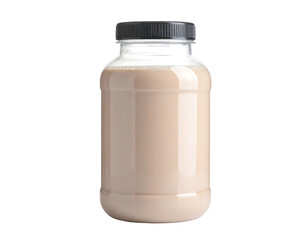 Clear plastic bottle with dark cap containing creamy brown liquid
