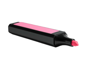 A black, chisel-tip highlighter with a vibrant pink body and ink