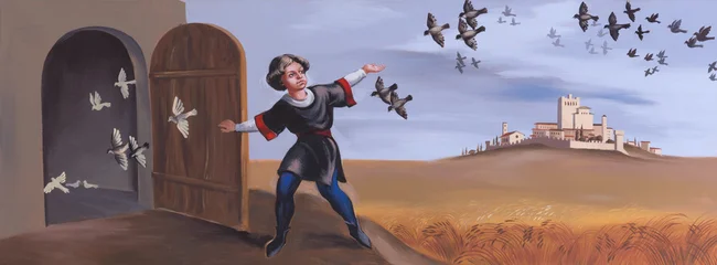 Fotobehang Jezus Christus CAVA DE TIRRENI, ITALY - OCTOBER 7, 2025: The painting of  St. Anthony as a child locking up little birds in the church Chiesa di San Francesco e Sant Antonio by A. Dubinin (2009)  © Renáta Sedmáková