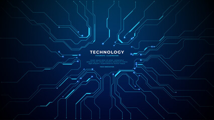 Fototapeta na wymiar Abstract semiconductor pattern with glowing electronic pathways and microchip elements on dark blue technological surface, ideal for banners. Digital technology vector background. 