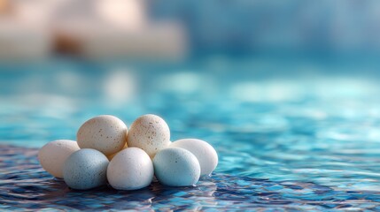 Colorful easter eggs floating in a serene pool with water ripples, creating a relaxing wellness and spa atmosphere for spring celebrations
