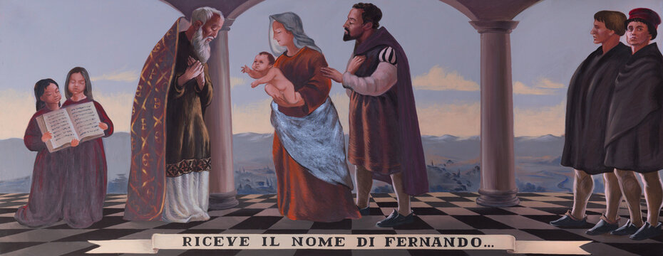 CAVA DE TIRRENI, ITALY - OCTOBER 7, 2025: The painting of  The St. Anthony of Padua receives the name Fernando in the church Chiesa di San Francesco e Sant Antonio by A. Dubinin (2009)