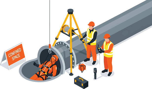 Workers in orange safety gear inspect large pipe with tripod and equipment on site