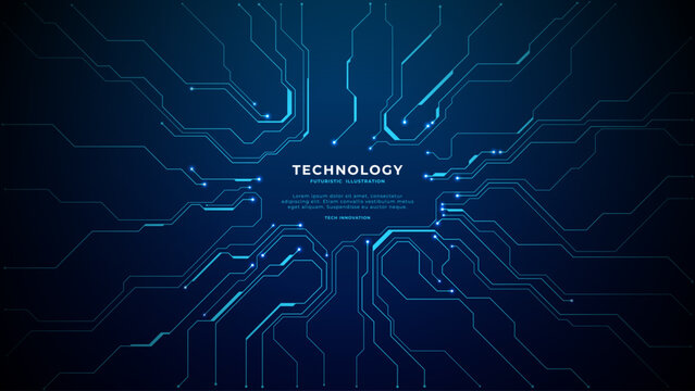 Abstract semiconductor pattern with glowing electronic pathways and microchip elements on dark blue technological surface, ideal for banners. Digital technology vector background. 