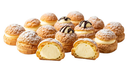 Delicious Cream Puffs with Powdered Sugar and Chocolate Drizzle.
