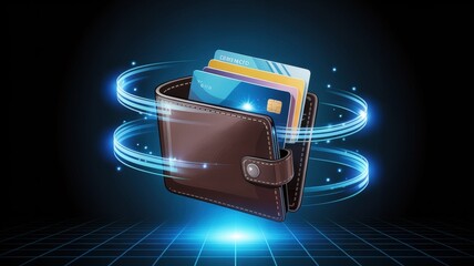 Digital wallet with credit cards and glowing energy rings, symbolizing secure online payments.