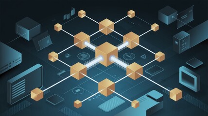 Abstract digital network of interconnected cubes symbolizing blockchain technology and data flow.
