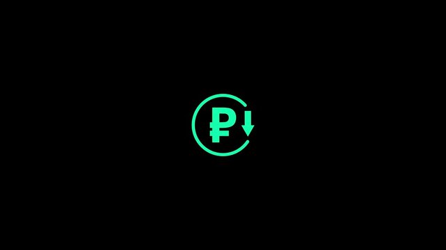 Abstract decrease icon on black background. Ruble rate down looped icon. Cyan reduce costs sign and symbol.