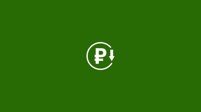 Abstract decrease icon on Green background. Ruble rate down looped icon. white reduce costs sign and symbol.