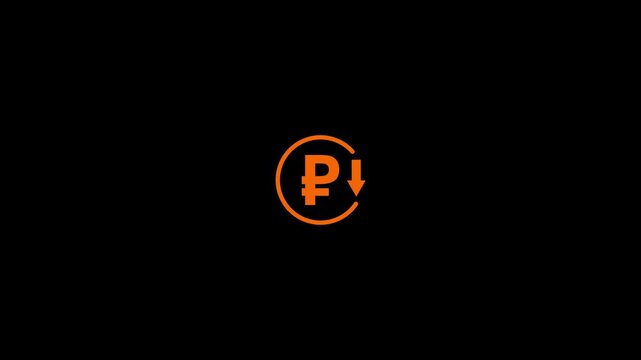 Abstract decrease icon on black background. Ruble rate down looped icon. Orange reduce costs sign and symbol.