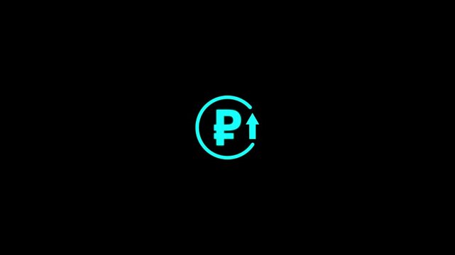 Abstract decrease icon on black background. Ruble rate up looped icon. Cyan reduce costs sign and symbol.