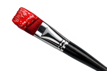 Paintbrush with vibrant red artist paint on bristles, ready for creativity, isolated on transparent background