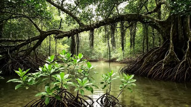 Tranquil mangrove waterway with hanging vines and roots