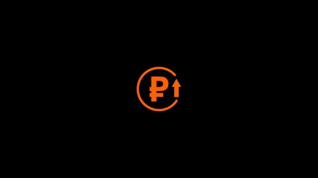 Abstract decrease icon on black background. Ruble rate up looped icon. Orange reduce costs sign and symbol.
