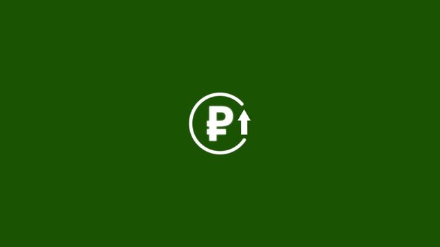 Abstract decrease icon on green background. Ruble rate up looped icon. white reduce costs sign and symbol.