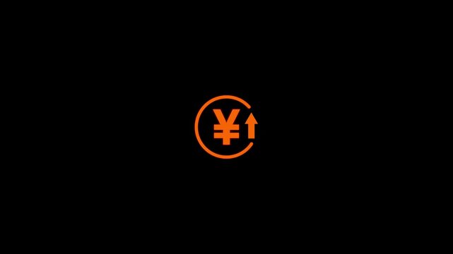 Abstract decrease icon on black background. Yuan rate up looped icon. Orange reduce costs sign and symbol.