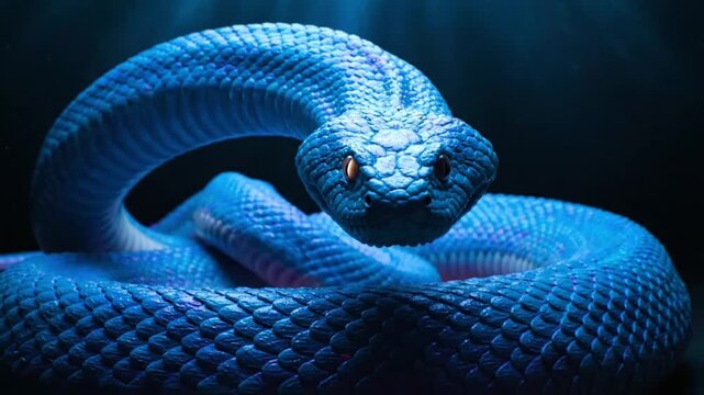 Striking Blue Viper Snake Coiled Against Dark Background