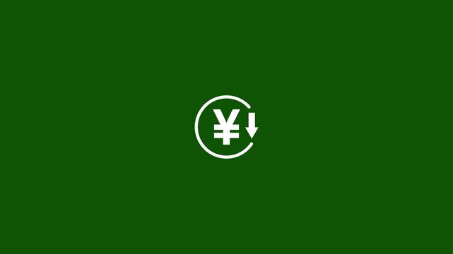 Abstract decrease icon on green background. Yuan rate down looped icon. White reduce costs sign and symbol.