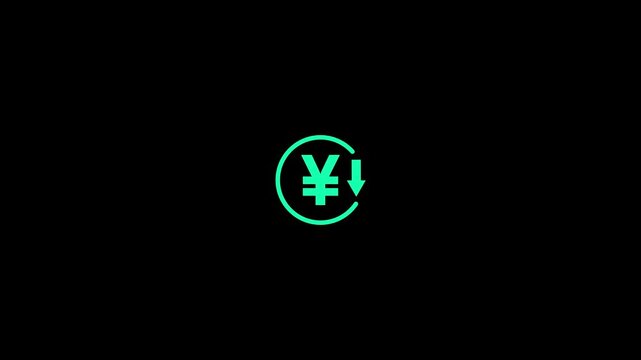 Abstract decrease icon on black background. Yuan rate down looped icon. Cyan reduce costs sign and symbol.