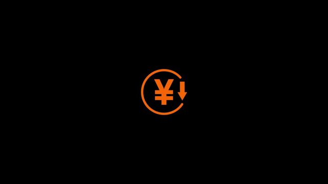 Abstract decrease icon on black background. Yuan rate down looped icon. Orange reduce costs sign and symbol.