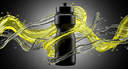 Black sport bottle surrounded by dynamic splashes of clear water and vibrant yellow liquid with bubbles, symbolizing energy, hydration, and refreshment on a gradient background.