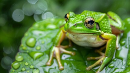 Obraz premium A green frog with expressive eyes sits on a leaf covered with raindrops, creating a harmonious natural scene for use in environmental presentations or as a background in children's books.