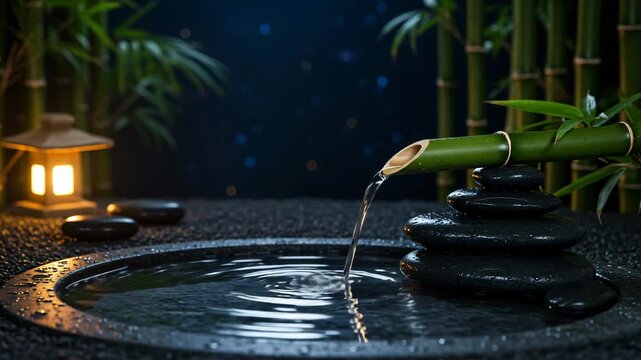 Serene water feature with bamboo pouring water into a stone basin surrounded by bamboo plants at night