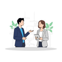 Fototapeta premium Business meeting: man and woman discuss project on tablet in modern office