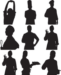 Black Silhouettes of Chefs Cooking Preparing Food in Kitchen