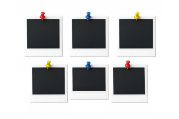 Instant film style frames pinned to background, retro picture templates blank for memories and announcement concepts