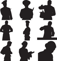 Black Silhouettes of Various Occupations on White Background