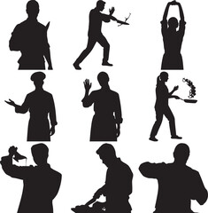 Black Silhouettes of People Performing Various Actions on White Background