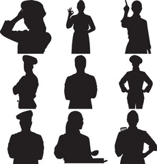 Black Silhouettes of Various Occupations on White Background