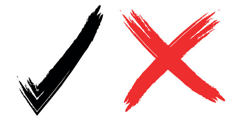 Fototapeta premium Check tick mark icon set. Cross box x check mark checkbox list vector draw hand drawn sketch doodle brush marker checklist symbol wrong right circle. hand drawn, grunge X sign. hand drawn tick mark.